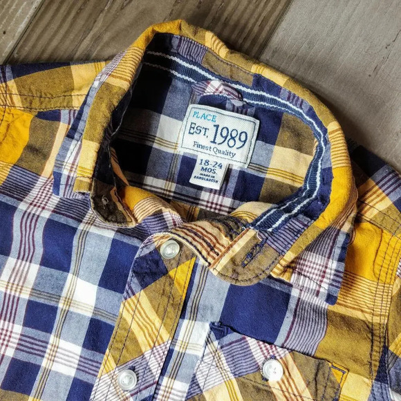 PLACE EST. 1989 Blue Yellow Plaid Button Down Boys Shirt Size 18-24 Mos NWOT - Picture 7 of 10